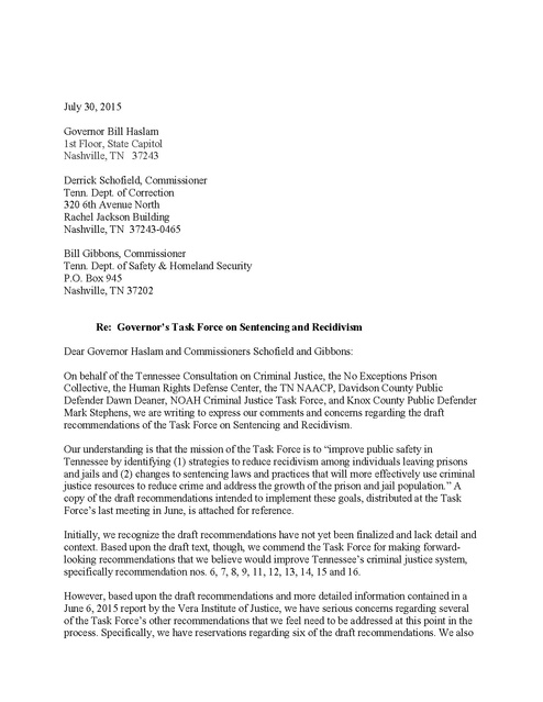 joint letter re tn taskforce on sentencing and recidivism letter of recommendation for inmate sentencing
