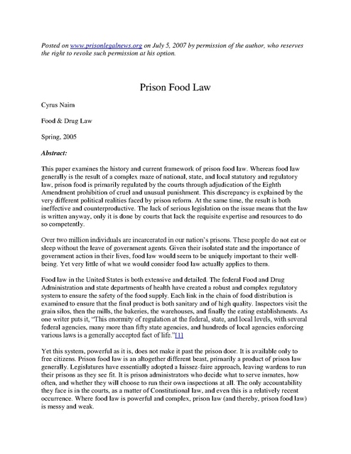 Prison Food Law By Cyrus Naim 2005 Prison Legal News