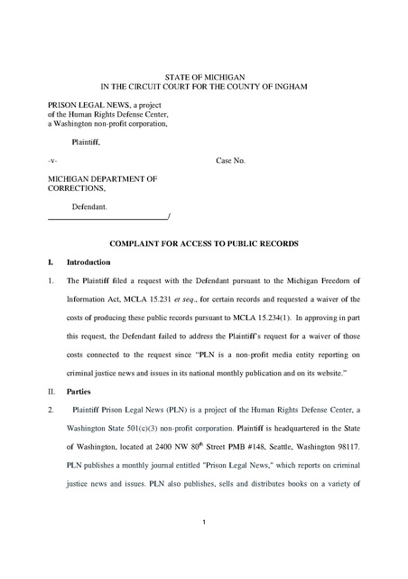 scholarship letter introduction DOC, Michigan v. News Legal Complaint MI Public Prison