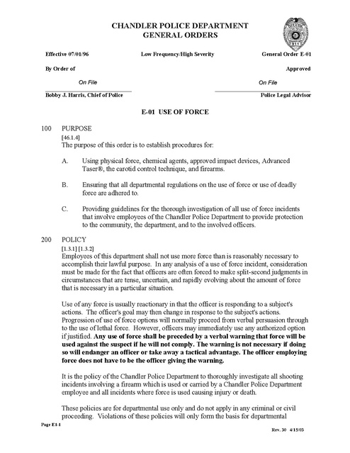Taser - Use of Force Orders (2), Chandler AZ PD, 1996 | Prison Legal News Taser - Use of Force Orders (2), Chandler AZ PD, 1996 | Prison Legal News