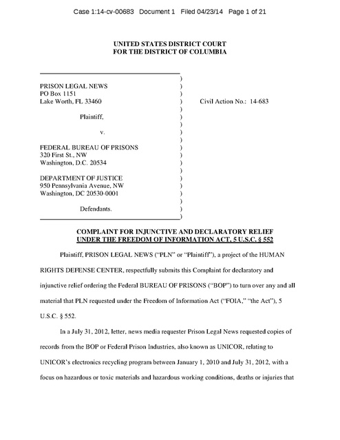 Prison Legal News V Federal Bop Doj Unicor Complaint 2014 Prison Legal News Lawsuit Complaint Template