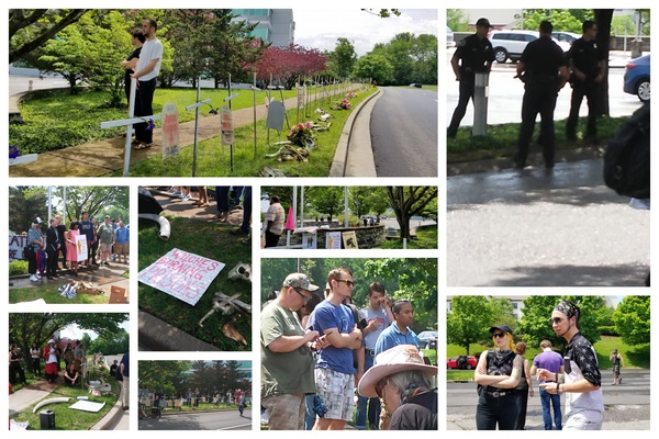 Protesters gathered outside during CoreCivic's annual shareholders' meeting, May 10, 2018, Nashville, Tennessee