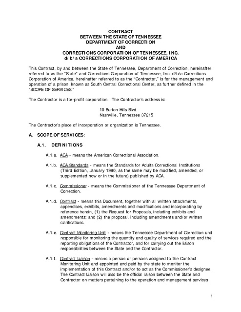 Cca Contract With Tennessee 2002 Prison Legal News