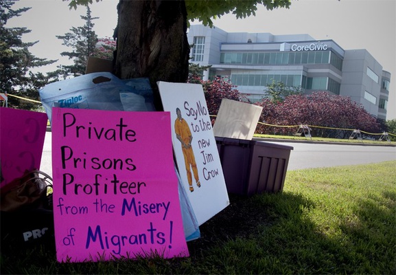 Protesters outside of CoreCivic's annual shareholders' meeting, May 16, 2019, Nashville, Tennessee