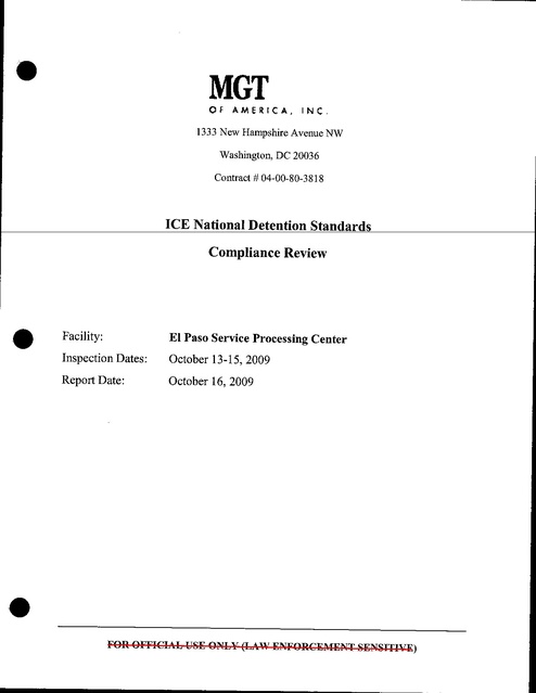 ICE Detention Standards Compliance Audit - El Paso Service Processing  Center, El Paso, TX, ICE, 2009