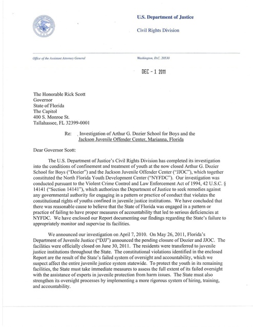 cover letter from doj to florida governor re investigation
