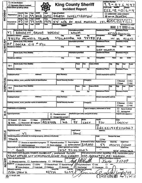 king county sheriff incident report bruce barrett death la county sheriff incident report