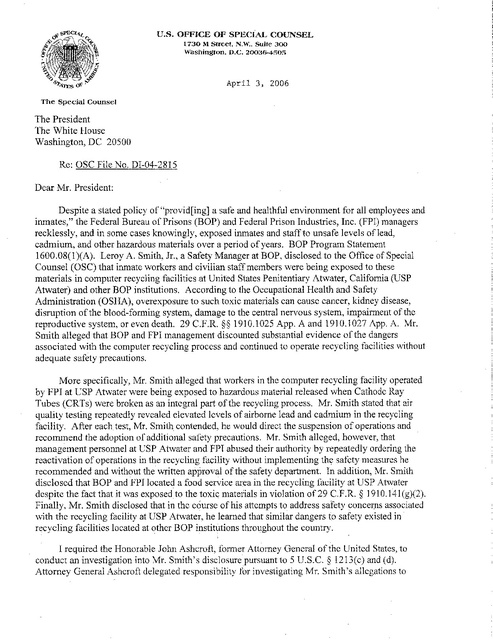 Us Osc Letter to President Bush Re Unicor Recycling Program Us Osc Letter to President Bush Re Unicor Recycling Program