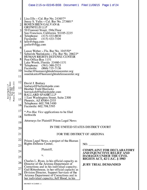 494px x 639px - Prison Legal News v. Ryan, AZ, Complaint, Arizona DOC Censorship, 2015 |  Prison Legal News