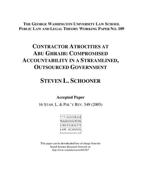 Stanford Law and Policy Review Vol 16-2 Gwu Law School Paper Schooner S  Contractor Atrocities at Abu Ghraib 2005